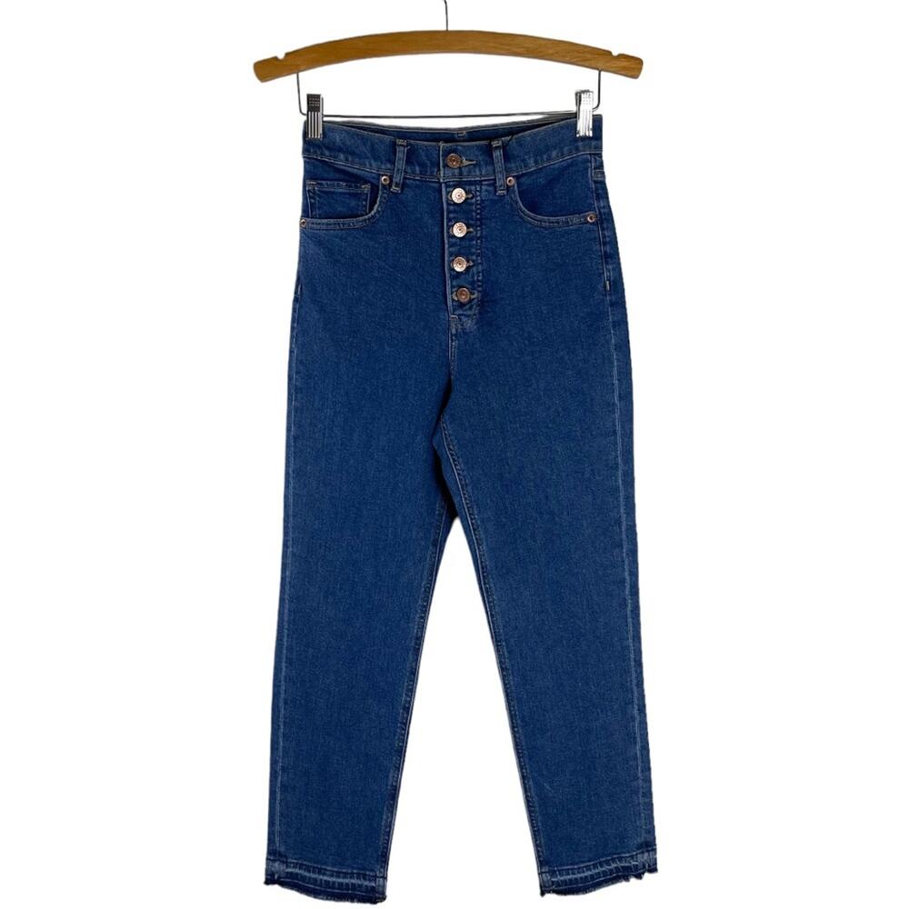NEW Express blue super high rise button fly raw hem mom ankle jeans 2